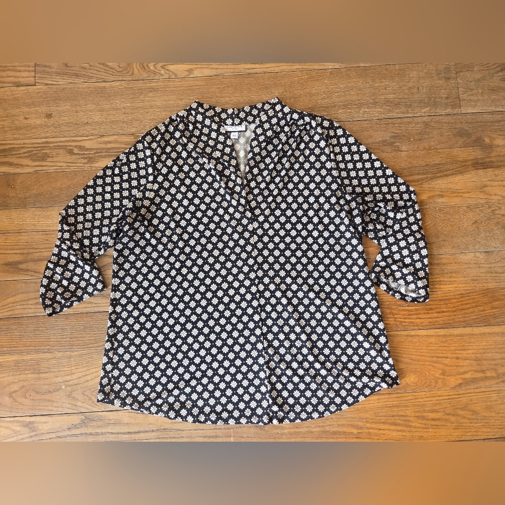 Charter Club Black Dress with White and Tan Floral Print
